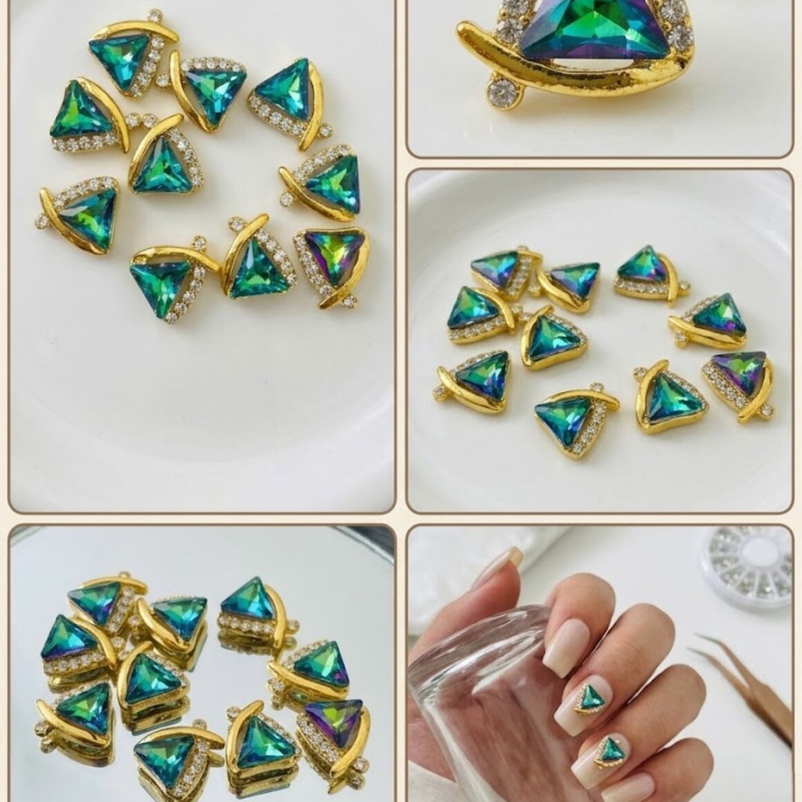 Dije de Lujo para Uñas "Emerald Triangle" – Joyería 3D para Manicura con Cristales y Baño Dorado