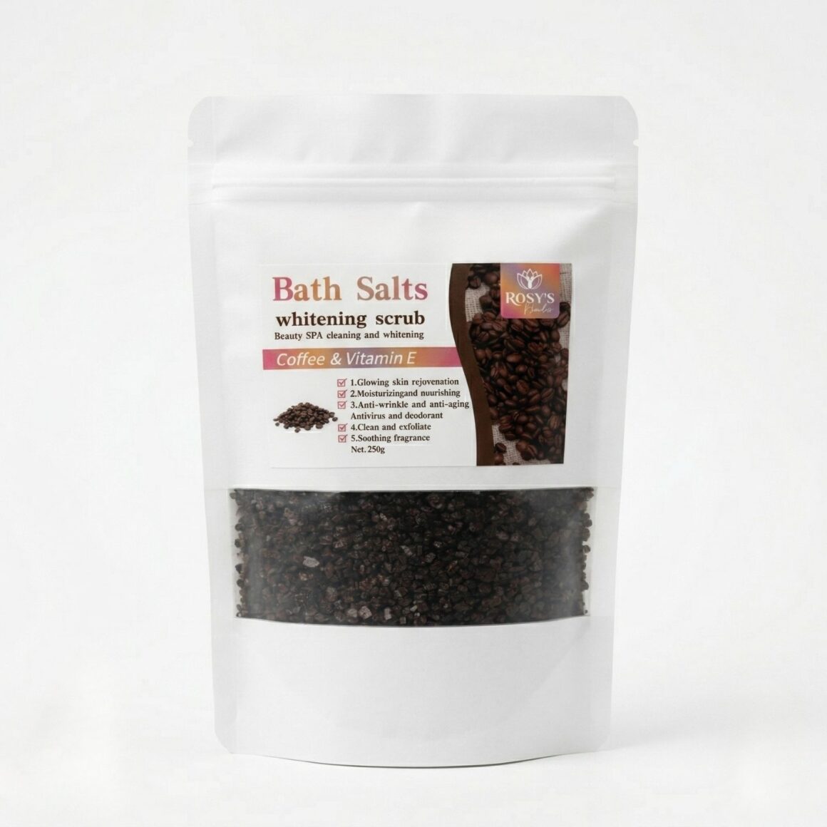 Exfoliante de Café y Vitamina E "Rosy's Nails" – Sales de Baño Blanqueadoras y Rejuvenecedoras (250g)